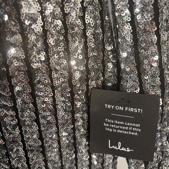 Silver Sequin Long Sleeve Mini Dress With Deep V-Neck Wrap Design & Stretch Wais - Picture 9 of 12